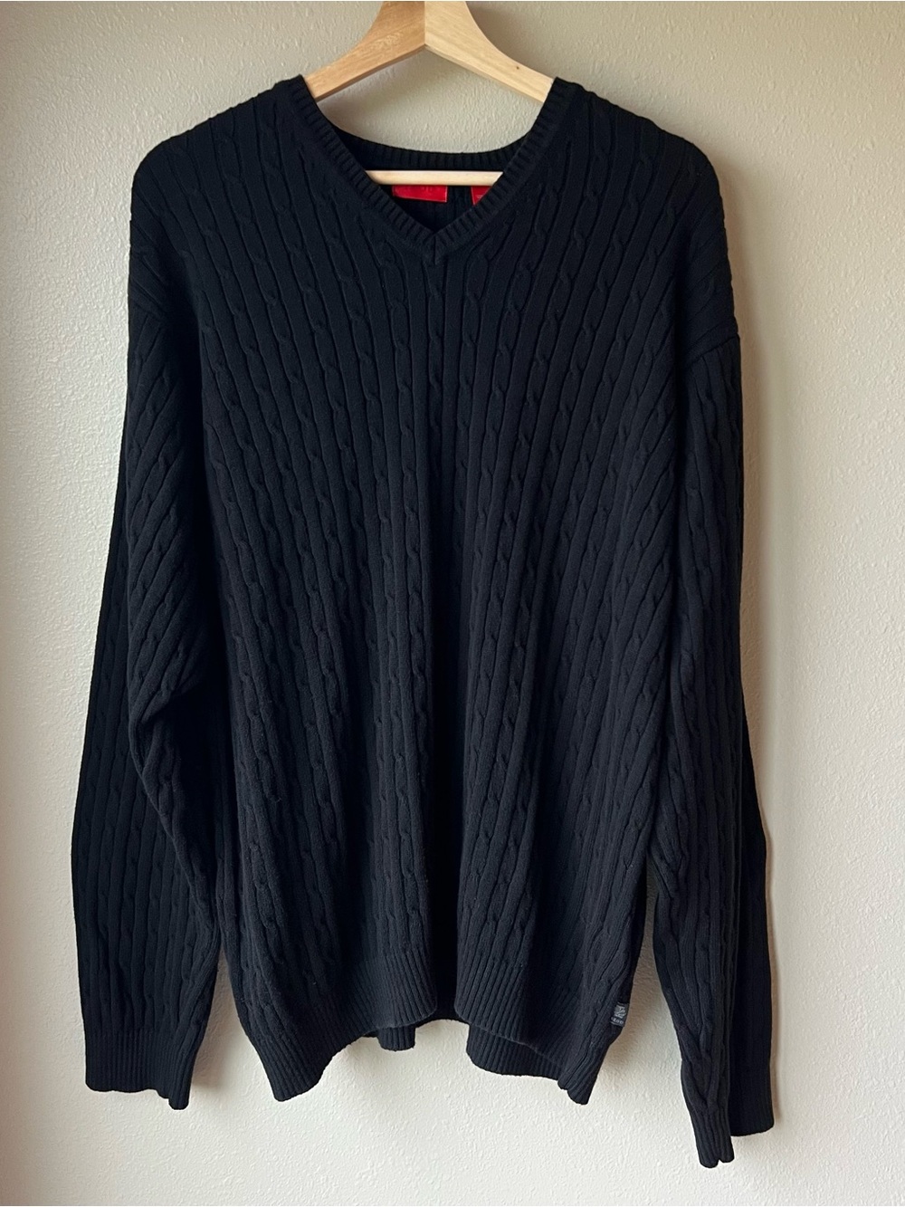 Vintage Izod Cable Knit Sweater Men’s XL Black V-neck 100% Cotton Preppy Office
